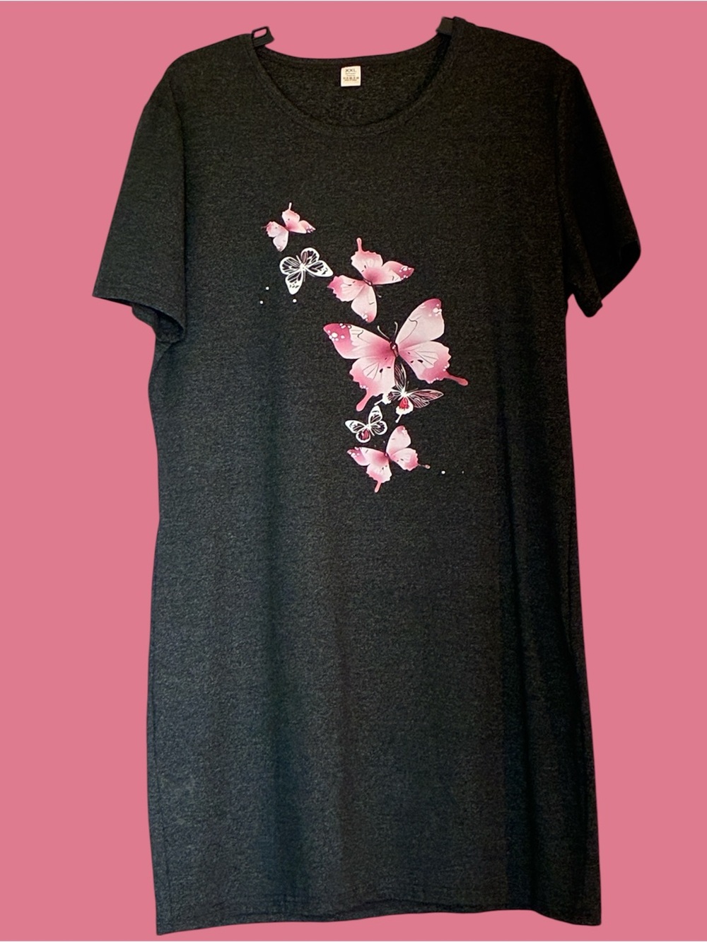Charcoal Tee Dress with Pink Butterfly Print